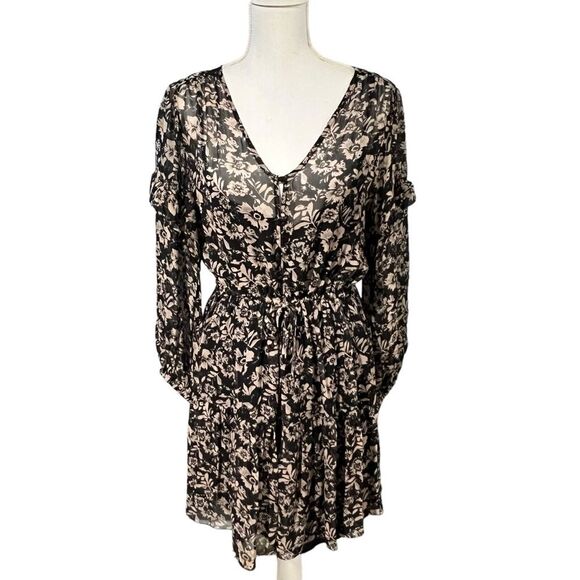 Velvet Graham & Spencer Sheer Boho Dress Size M Black Floral Ruffle Prairie - Picture 1 of 16
